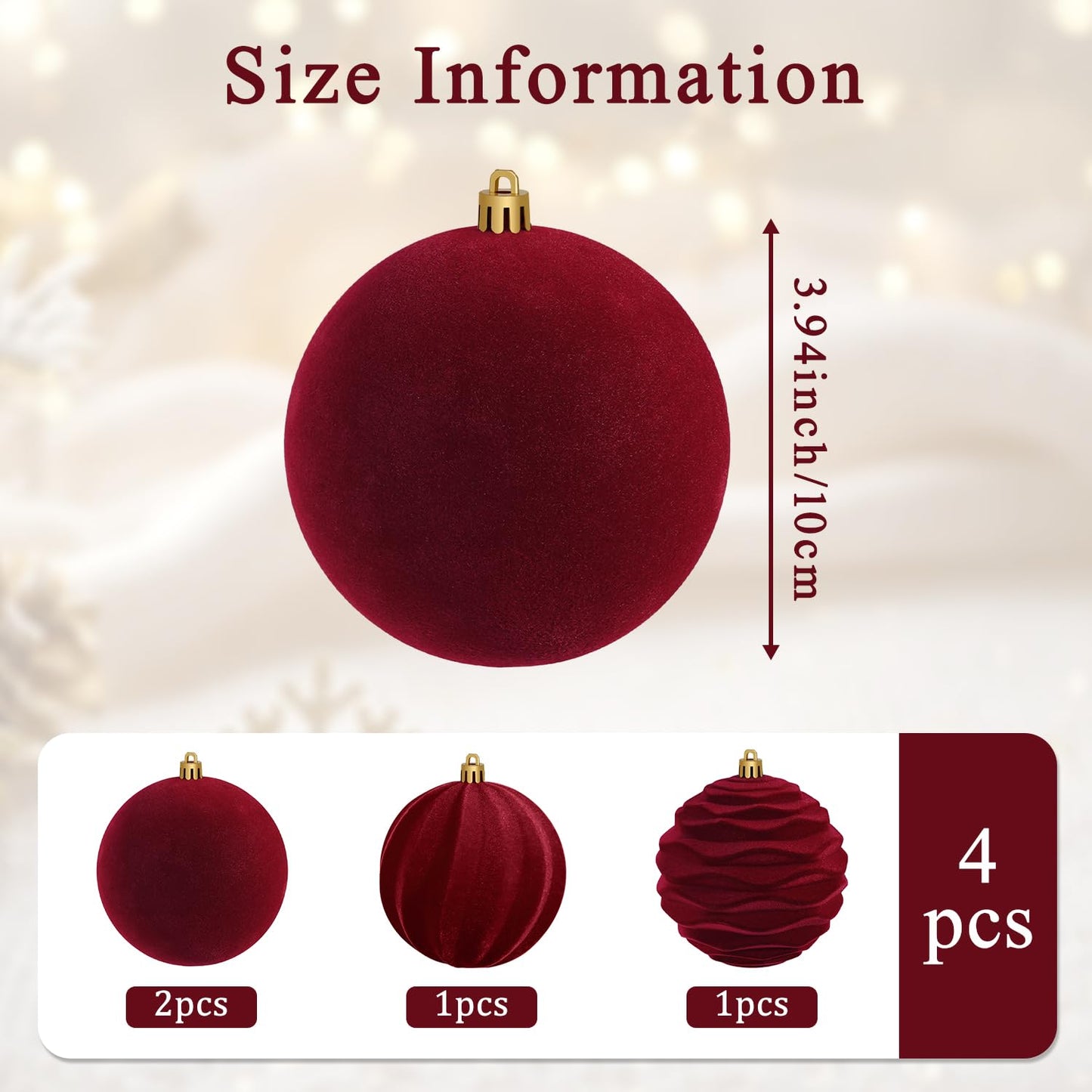 Artmag 4 PCS Large Velvet Christmas Balls Ornaments Shatterproof Hanging Set Flocked for Xmas Tree Holiday Party Decorations (Burgundy,4 Inch)