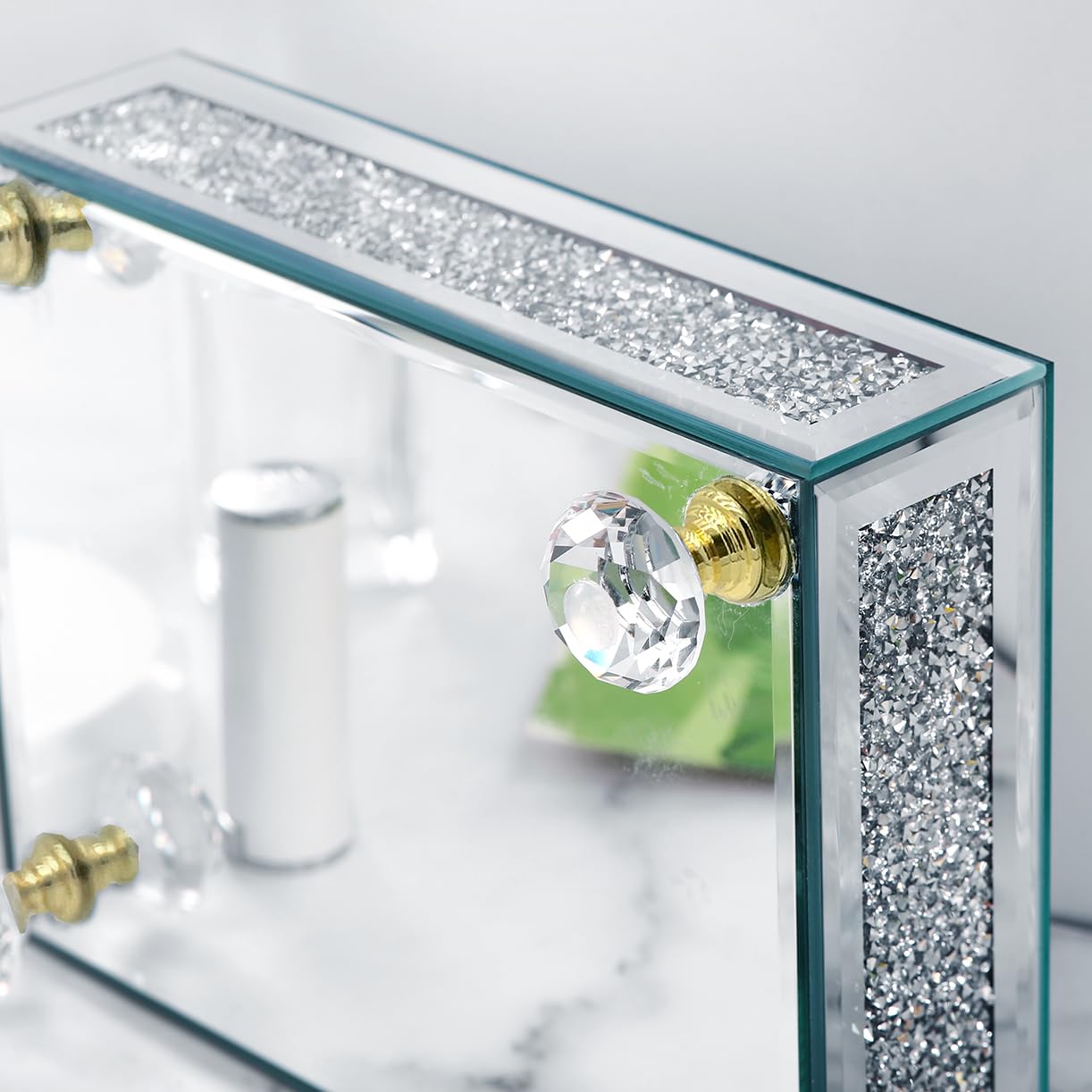 TACIDON Modern Mirrored Riser for Display : Crushed Diamond Decorative Pedestal Stand for Kitchen Counter and Home Decor , Glass Display Tray for Bathroom Soap, Sink, Vase，Perfume (Gold)