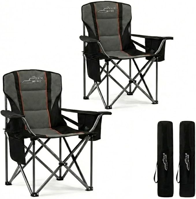 FAIR WIND 2 Pack Heavy Duty Camping Chair, Oversized Padded Folding Chair for Big and Tall (450lbs), Extra Wide Seat with Integrated Cooler & Storage Pocket, Adjustable Lumbar Support for Outdoor