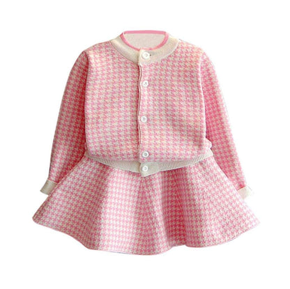 CM C&M WODRO Girls Dress, Autumn Winter Toddler Kids Plaid Knitted Sweater Dress Set Baby Girls Coat Tops+Skirt Set (Pink, Size 9 (3-4 Years))