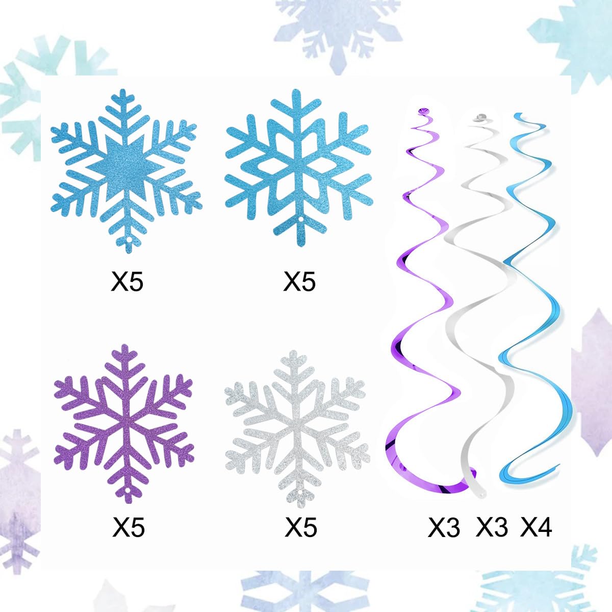 30PCS Frozen Snowflake Hanging Swirl Decorations, Winter Snowflakes Ceiling Streamers Sparkly Snow Decor for Birthday Party Christmas Winter Wonderland, Glitter Purple Blue Sliver Snowflakes Garland