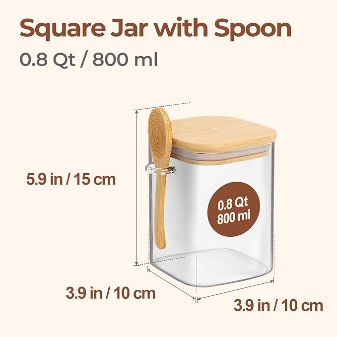 ComSaf 0.8 Qt Glass Jars with Bamboo Lids & Spoons Set of 4, Square Glass
