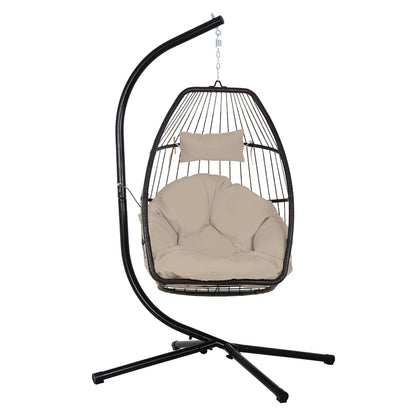 BestOffice Egg Chair Indoor Outdoor with Stand Swing Hanging Rattan Patio Basket Chair with Soft Cloud Polyester Cushion Adjustable Headset for Bedroom Outdoor Garden Swimming Pool Porch, Tan