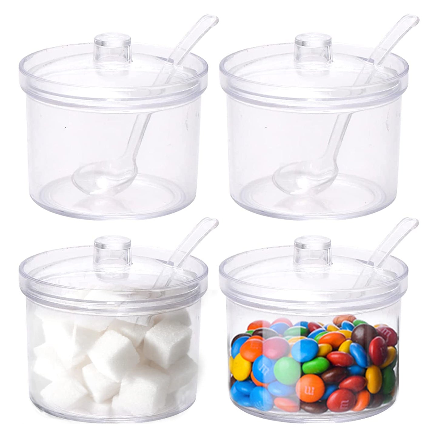 Set of 4 Clear Acrylic Sugar Bowl with Lid Salt Spoon Storage Sugar Jar with Lid for Sugar, Salt, Tea, Spices, Herbs, Condiments