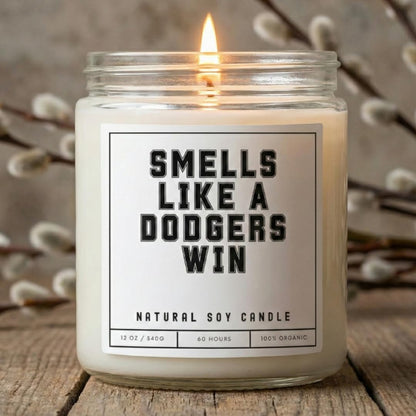 Smells Like a Dodgers Win Sports Candle - Scented Soy Wax Candle (8.0 oz) 50-60 Hour Burn Time, Cotton Wick, Frosted White Glass Jar, (Vanilla)