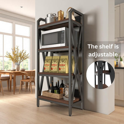 flowmultiply 4-Tier Bakers Rack Storage Shelf – Metal & Wood Kitchen Organizer with Adjustable Shelves, Rustic Industrial Shelf for Pantry or Office (15.8" L × 25.6" W × 56.3" H)