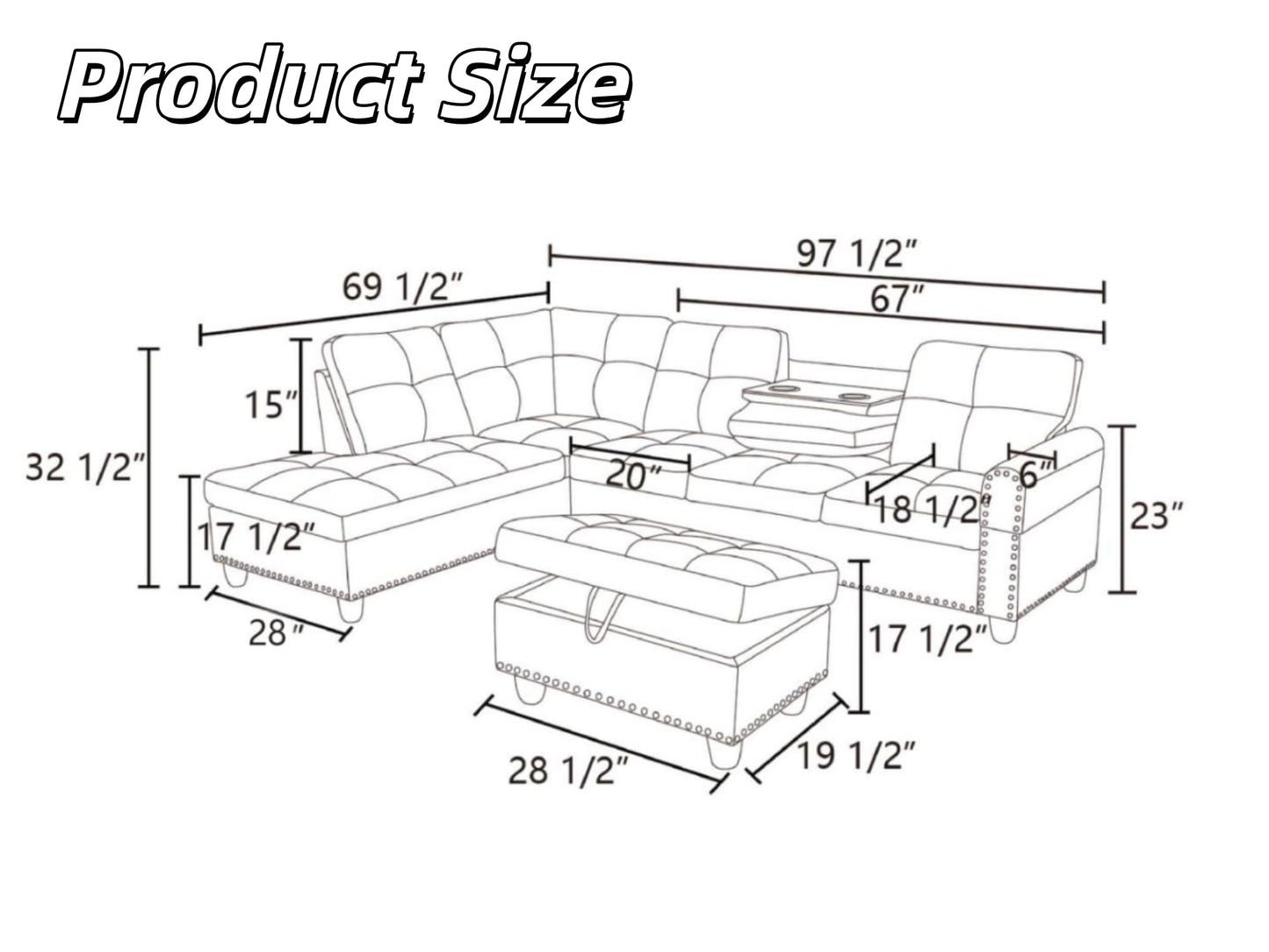 Trygoal 97" Linen 4-Seat L-Shaped Sectional Sofa with Movable Chaise & Storage Ottoman - 3-Piece Modular Convertible Couch for Living Room, Bedroom, Apartment & Office, Black Grey