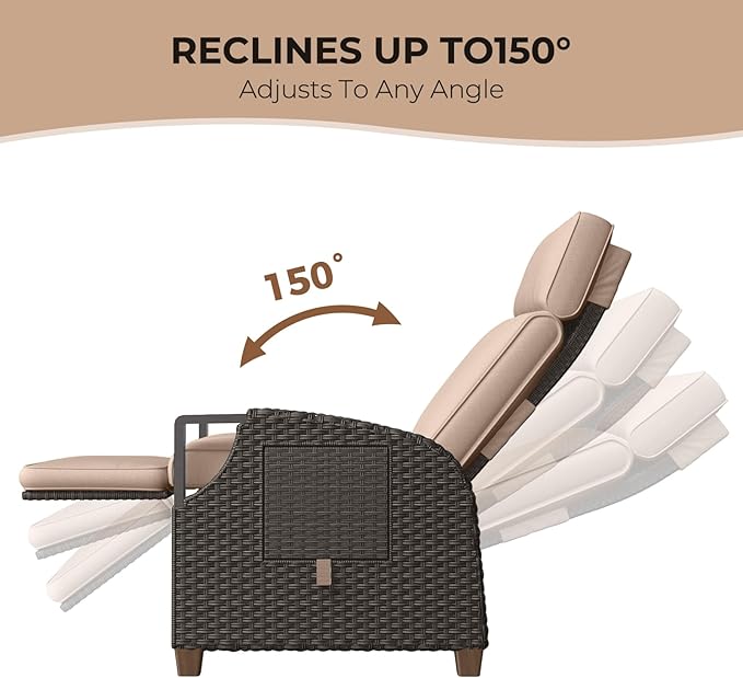 Grand patio Outdoor Recliner with Independent Adjustable Back and Footrest, Air Pump 150° Lay Flat Reclining Chair Removable Olefin Cushion Flip-Up Table Wicker Beige 1PC