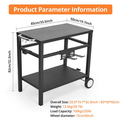 Dining Cart,Outdoor Grill Cart with Double-Shelf,with 4 Hooks, Side Handle,Wheels,Cooking Table for Outdoors, Kitchen or Backyard Patio, Movable BBQ Trolley,Multifunctional and Commercial (Black)