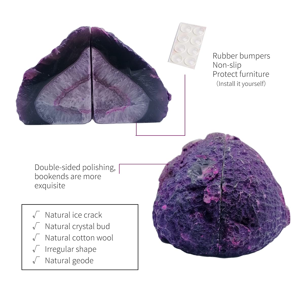 Geode Bookends 3-4 lbs Decorative Heavy Crystal Stone Book Ends for Shelves Dyed Purple 1 Pair