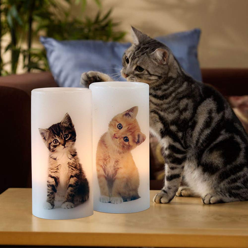 Wondise Flameless Flickering Candles with Remote and Timer, Battery Operated Real Wax Pillar Candles with Lovely Cat Decal for Christmas Home Decoration Gifts(3 x 3 x 6 Inch)