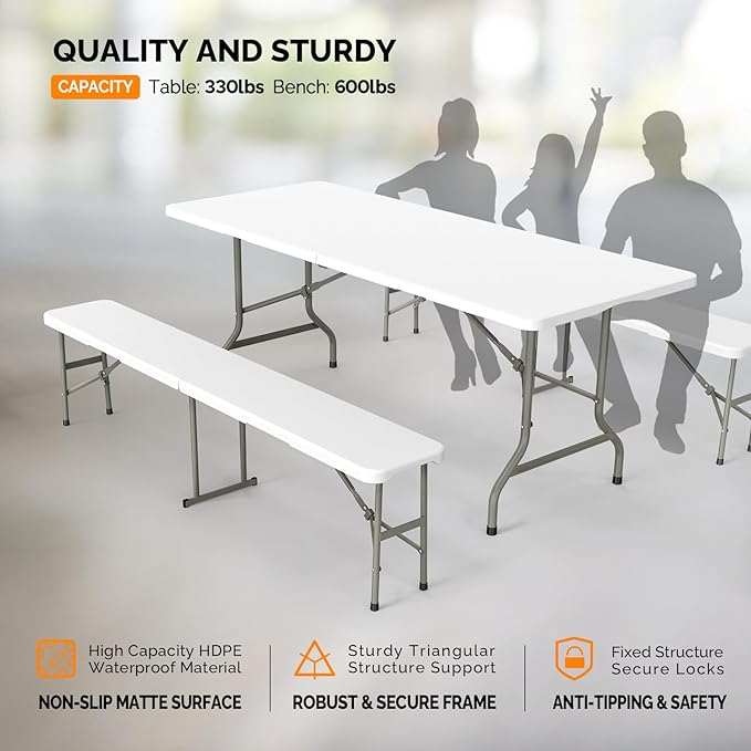 VINGLI Picnic Table Set with 2 Benches, 6 Feet Camping Table Chair Set