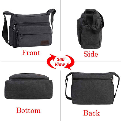 JAKAGO Messenger Shoulder Bag 13 Inch, Multi Pockets Canvas Crossbody Bag for Men/Woman,Casual Lightweight Satchel for Travel Outdoor Hiking Working Daily Use (Black)