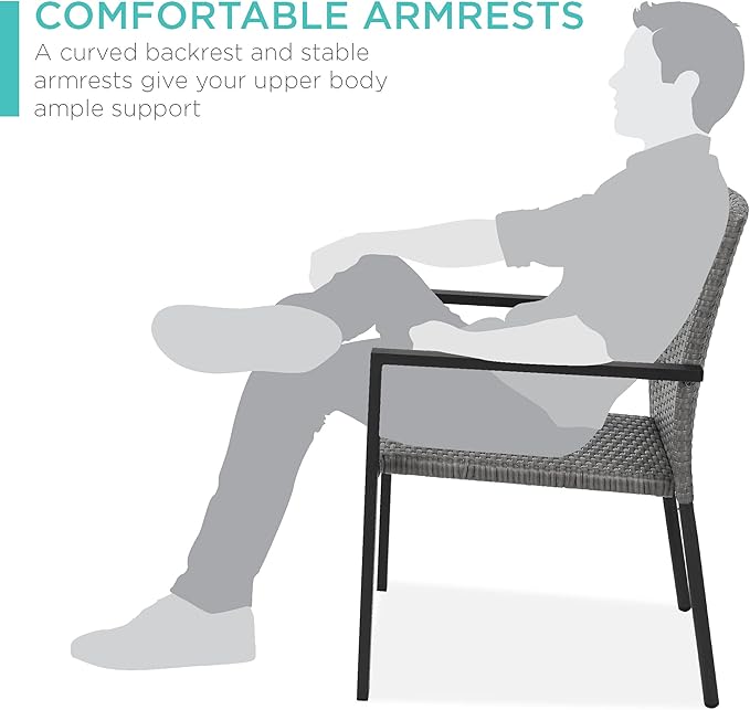Best Choice Products Set of 2 Stackable Outdoor Wicker Dining Chairs All-Weather Firepit Armchair w/Armrests, Steel Frame for Patio, Deck, Garden, Yard - Gray