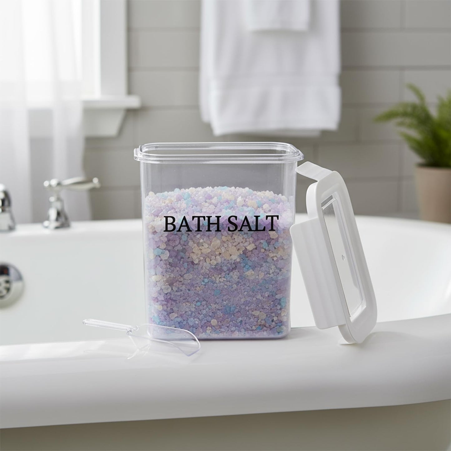 Qinpufu 61 oz Bath Salt Jar, Plastic Bath Salt Container with Scoop, Airtight Storage with Locking Lids, Stackable Clear Canister for Epsom Salt, Bathtub Accessories