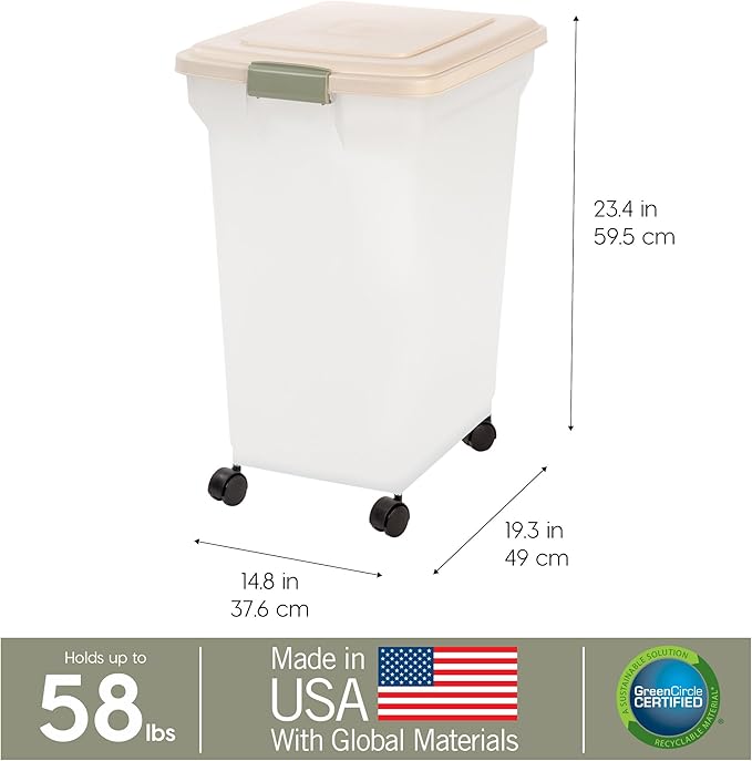 IRIS USA Dog Food Storage Container 58 lbs, Attachable Wheels,