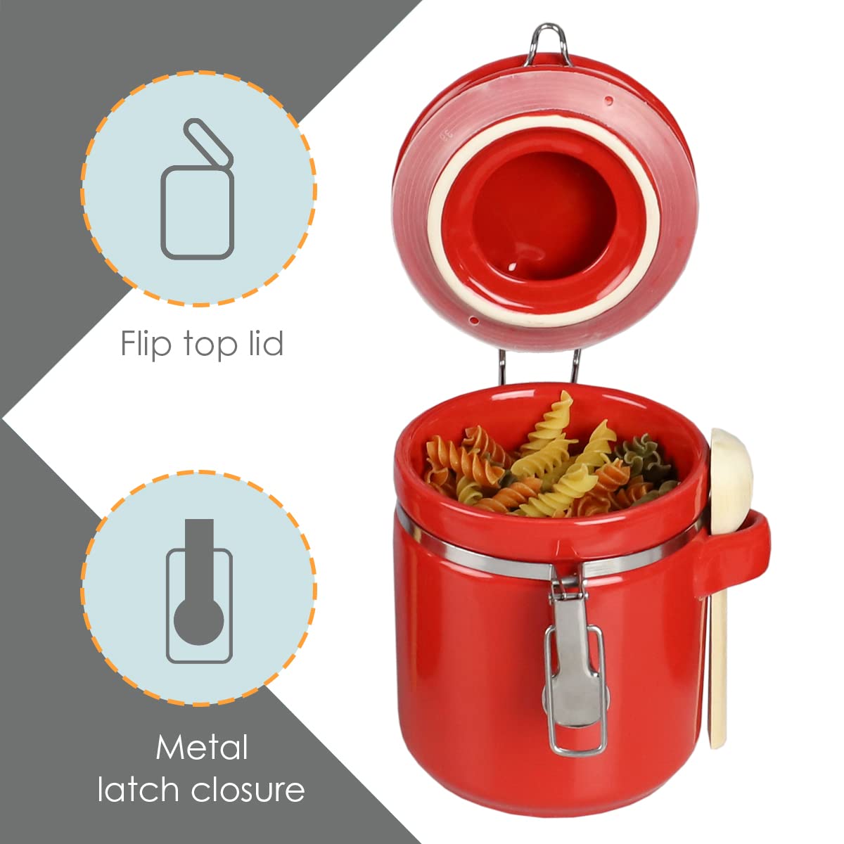 Canister Sets For The Kitchen (4 Piece Set) Red, High Gloss Ceramic | By Home Basics | Decorative | With Wooden Spoons, Countertop Set For Flour, Sugar, Coffee, and Snacks