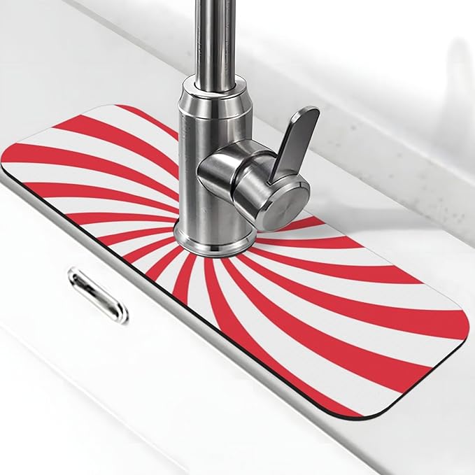 Christmas Red Swirl Peppermint Sugar Candy Kitchen Sink Splash Guard Faucet Mat
