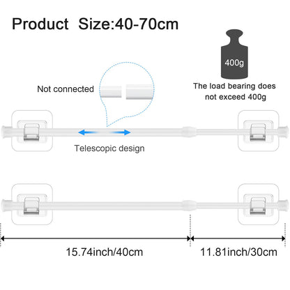 2 Pieces Adjustable Curtain Rod Extendable Spring Tension Rod with Self Adhesive Hook for Closet, Wardrobe, Bookshelf, Small Window, White (15.7 to 27.5 Inch)