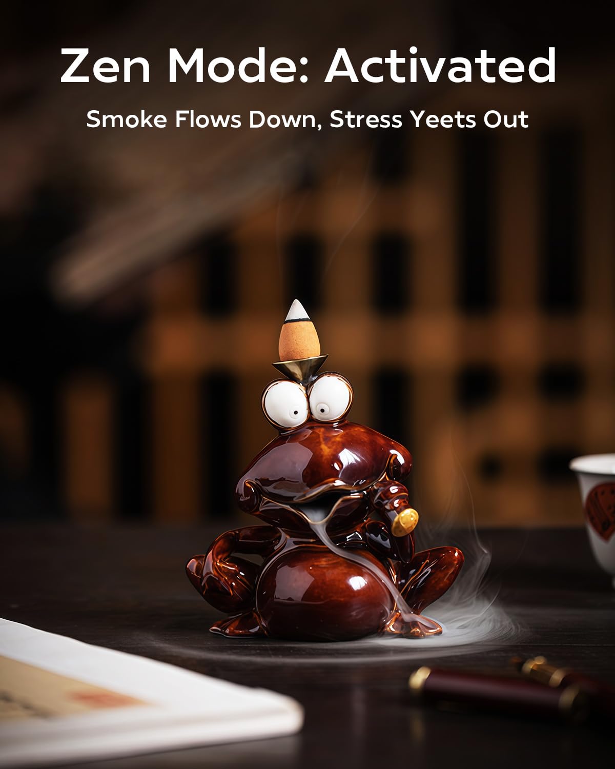 TEAVOR Backflow Incense Burner Ceramic, Funny Smoking Frog Incense Holder, Novelty Aromatherapy Ornament Home Decor for Yoga & Meditation