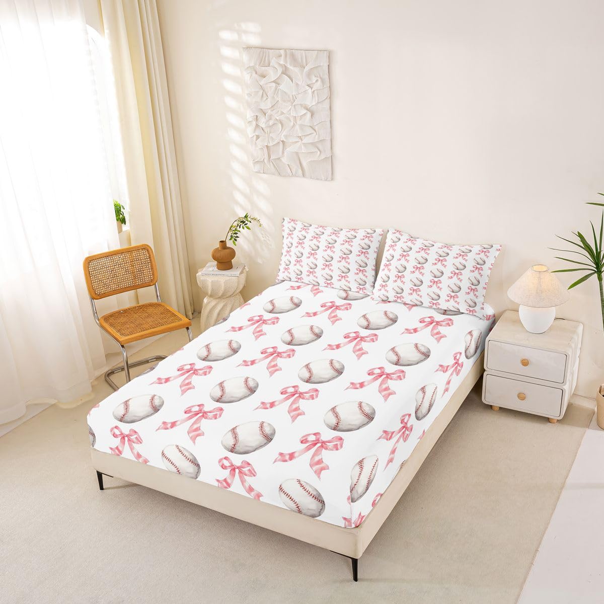 Castle Fairy Pink Bowknots Fitted Sheet Queen Size (No Flat),Baseball Sport Bedding Sets 3Pcs,Girls Boys Adult Room Decor,Ball Sports Bed Sheets Princess Cute Deep Pocket Sheet,2 Pillowcases