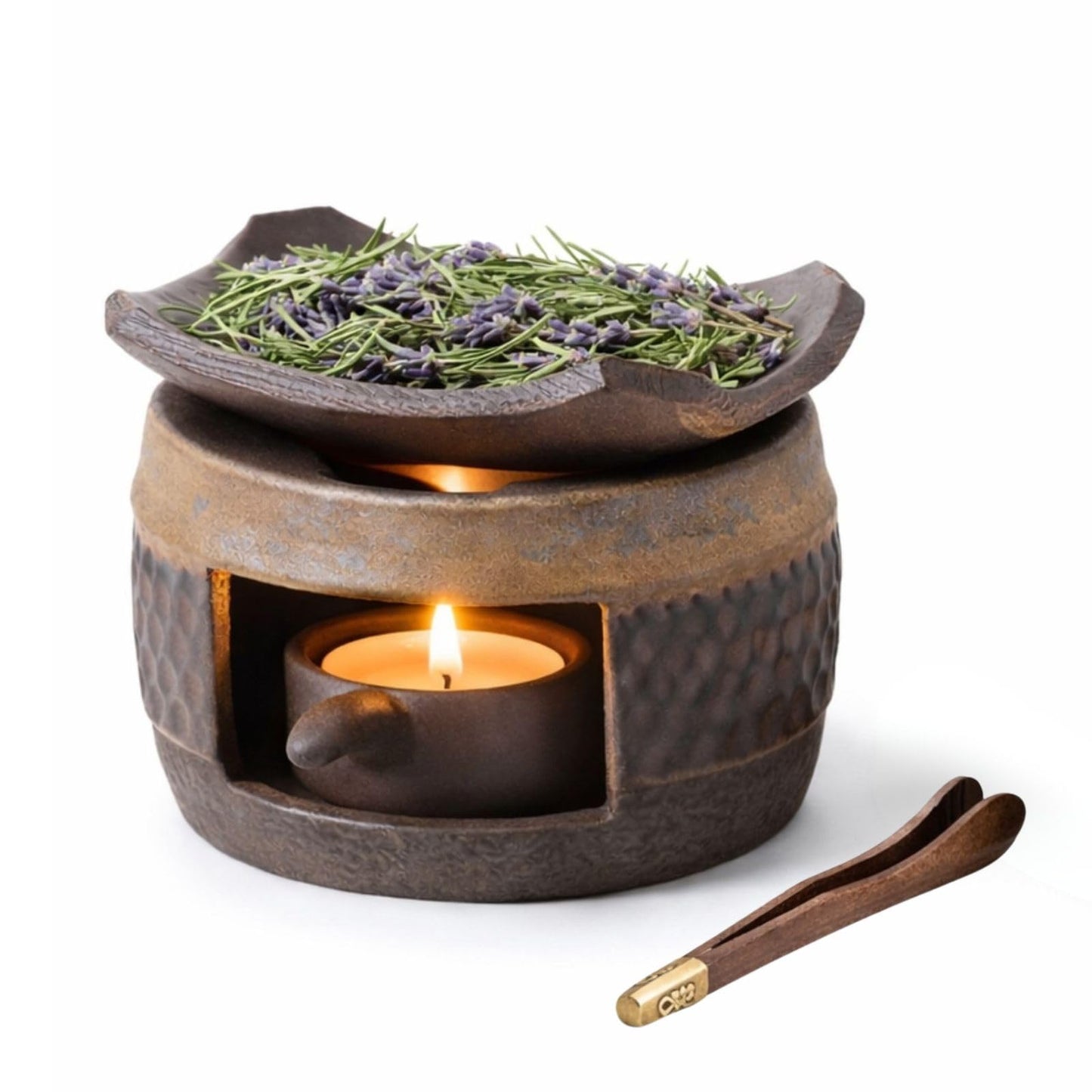 Zen Ceramic Incense Holder with Wooden Tongs, Tealight Wax Warmer and Essential Oil Burner for Wax Melts, Dried Herbs and Palo Santo, Aromatherapy Stove for Bedtime Calm, Meditation, Home and Office