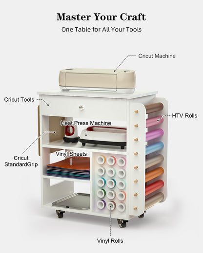 Craft Organizers and Storage Table Compatible with Cricut Machine, VDamu Crafting Cabinet Cart with Vinyl Roll Holder for Craft Room Home Office