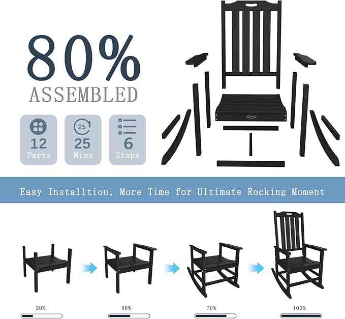 Oversized Rocking Chair Set of 2, Outdoor Rocking Chair for Adults, All Weather Resistant Porch Rocker for Lawn Garden, Black
