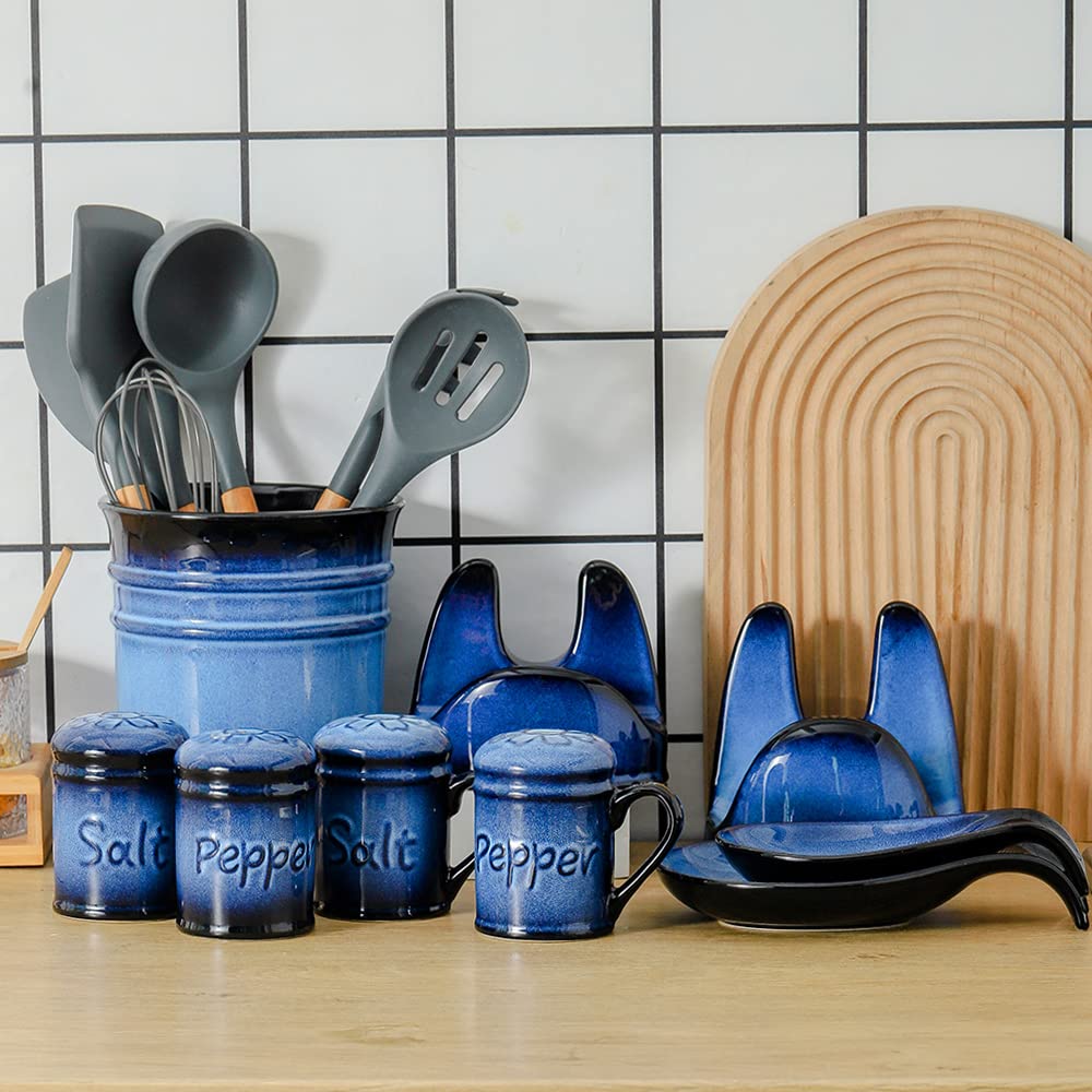 Nihow Ceramic Salt and Pepper Shakers Set & Pot Lid Holder: Heat Resistant & Dishwasher Safe Salt Shaker with Handle & Pan Lid Holder for Kitchen Counter Decor/Countertop - Elegant Black & Blue
