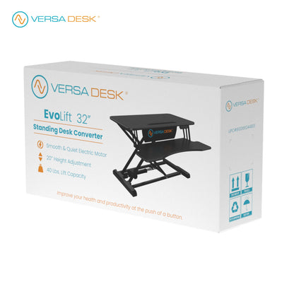 VERSADESK EvoLift 32" Electric Standing Desk Converter, Sit to Stand Motorized Desk Riser, 1-Button Easy Lift, Dual Monitor Workstation, Wide Keyboard Tray, Built-in Device Stand, Black