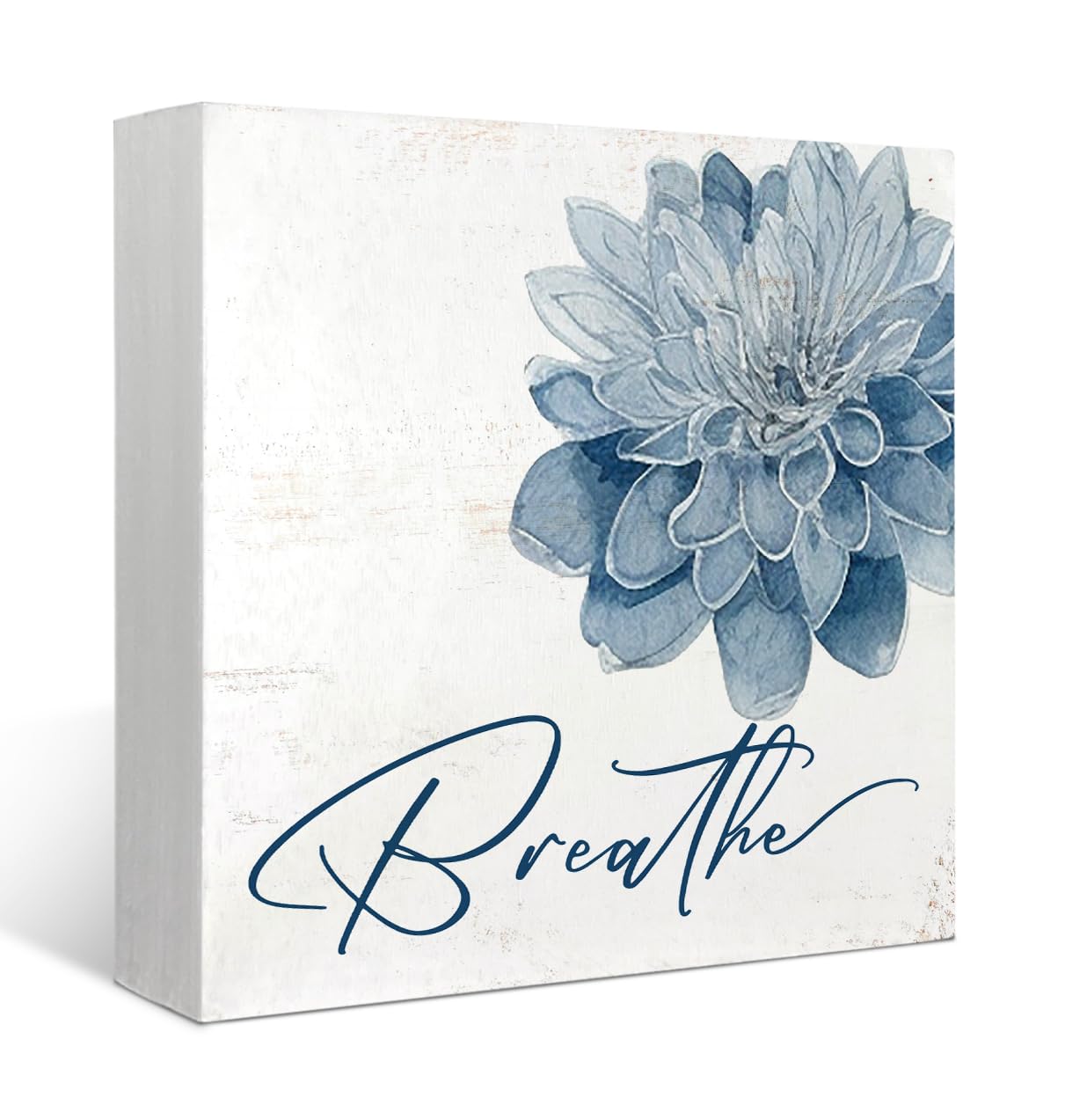 Mtrgdn Blue Bathroom Decor,Spa Bathroom Decor and Accessories,Breathe Blue Flower Wooden Box Sig for Home Spa Room Beauty Salon Decoration,5X5 Inch