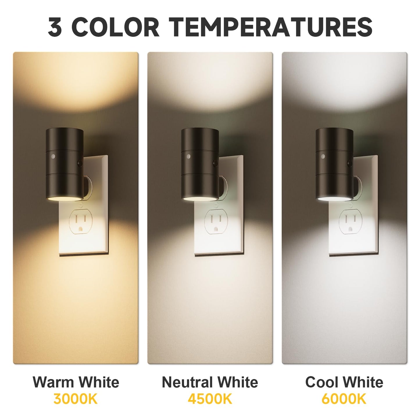 NIORSUN Night Lights Plug into Wall, Dimmable with 3 Color Modes & Auto On/Off Sensor, Ultra-Slim Nightlight for Hallway, Bathroom, Bedroom, Nursery, Kitchen (4 Pack, Black)
