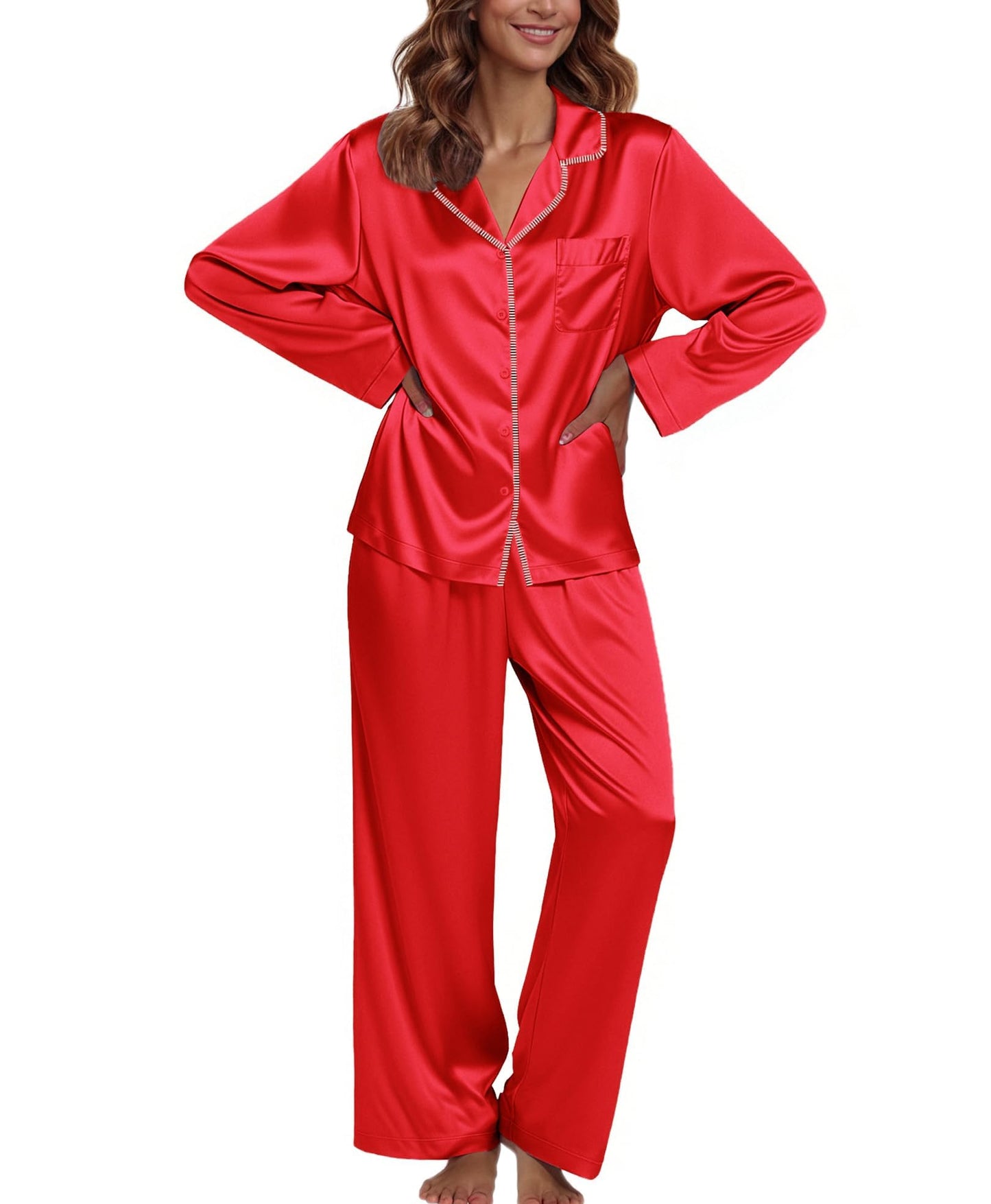 Ekouaer Pajamas For Women Set Silk Pjs 2 Piece Satin Sleepwear Long Sleeve Button Down Lounge Sets With Pant