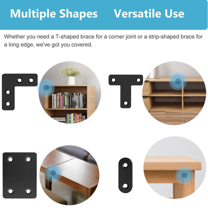 QSJ 22 Pack Straight Brace Stainless Steel Black Flat Brace Straight Corner Braces Straight Brackets Metal Flat Straight Mending Plates with Screws