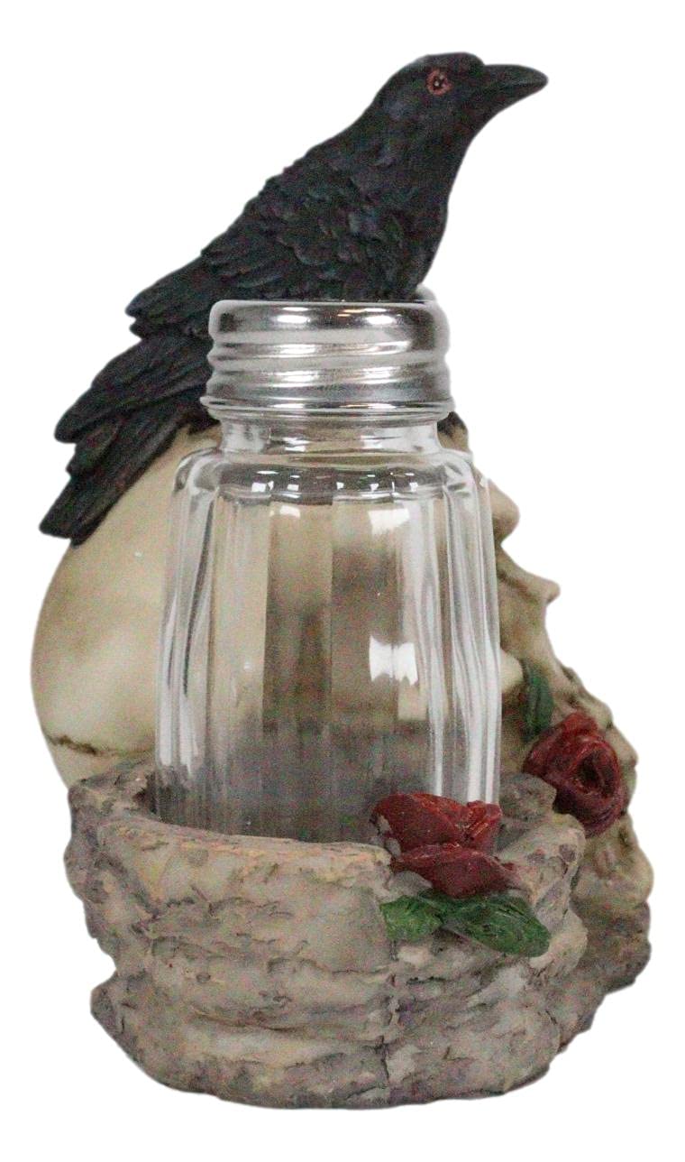 Ebros Day Of The Dead Raven Crow With Rose Skull Salt And Pepper Shakers Holder Figurine Set 6.25"L Halloween Graveyard Spooky Macabre Skulls Skeletons