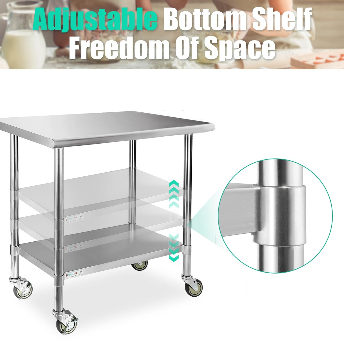 STABLEINK NSF Stainless Steel Small Table 18x30 Inches with Wheels, Metal Prep & Work Table with Adjustable Undershelf, for Commercial Kitchen, Restaurant, Hotel and Garage