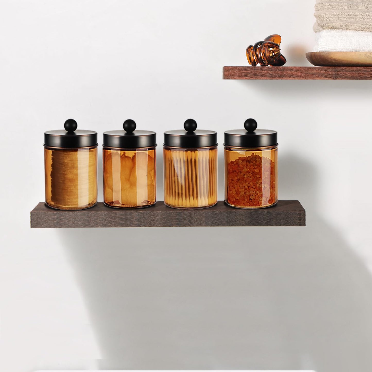 Amolliar Amber Bronze Glass Apothecary Jar With Metal Lid & Labels, Bathroom Qtip Holder Dispenser Storage Canister, Perfect for Cotton Balls, Cotton Swabs, Makeup Pads, Bath Salt, Floss, 4 Pack (ORB)