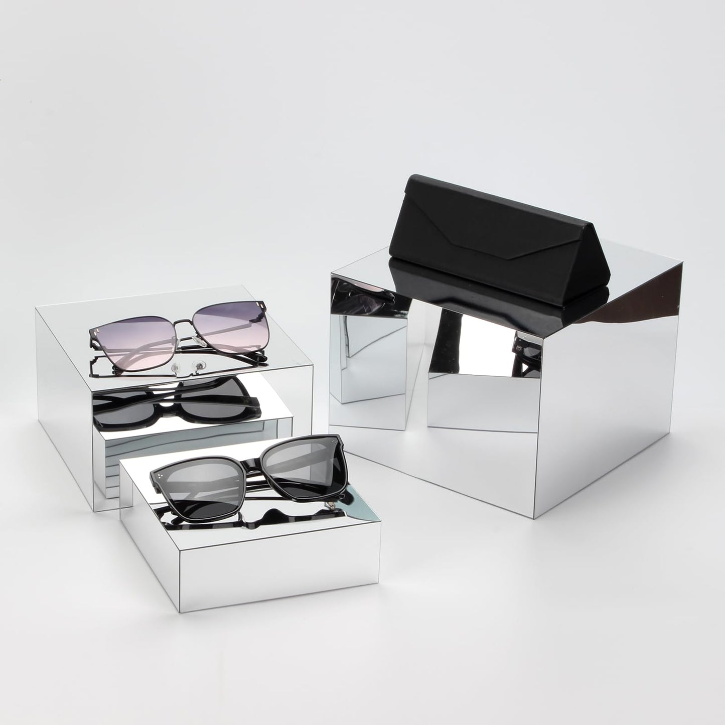 DIICCYO Glossy Silver Acrylic Boxes Dessert Collection Jewelry Perfume Display Stand Shelf, Hollow Bottom Cube Organizer Countertop Nesting Risers for Hangbag Shoe Home Boutique Retail Store, 3Pcs