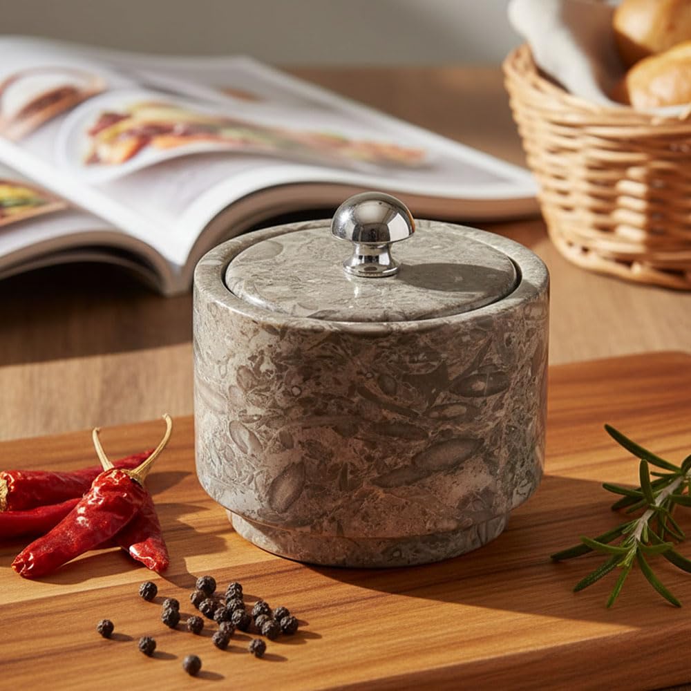 Radicaln Marble Salt Cellar with Lid 3" Oceanic Handmade Salt Box & Spice Jar for Kitchen Counter, Ideal Salt Holder, Sugar Bowl & Salt Dish, Salt Container For Housewarming Gift & Kitchen Decor