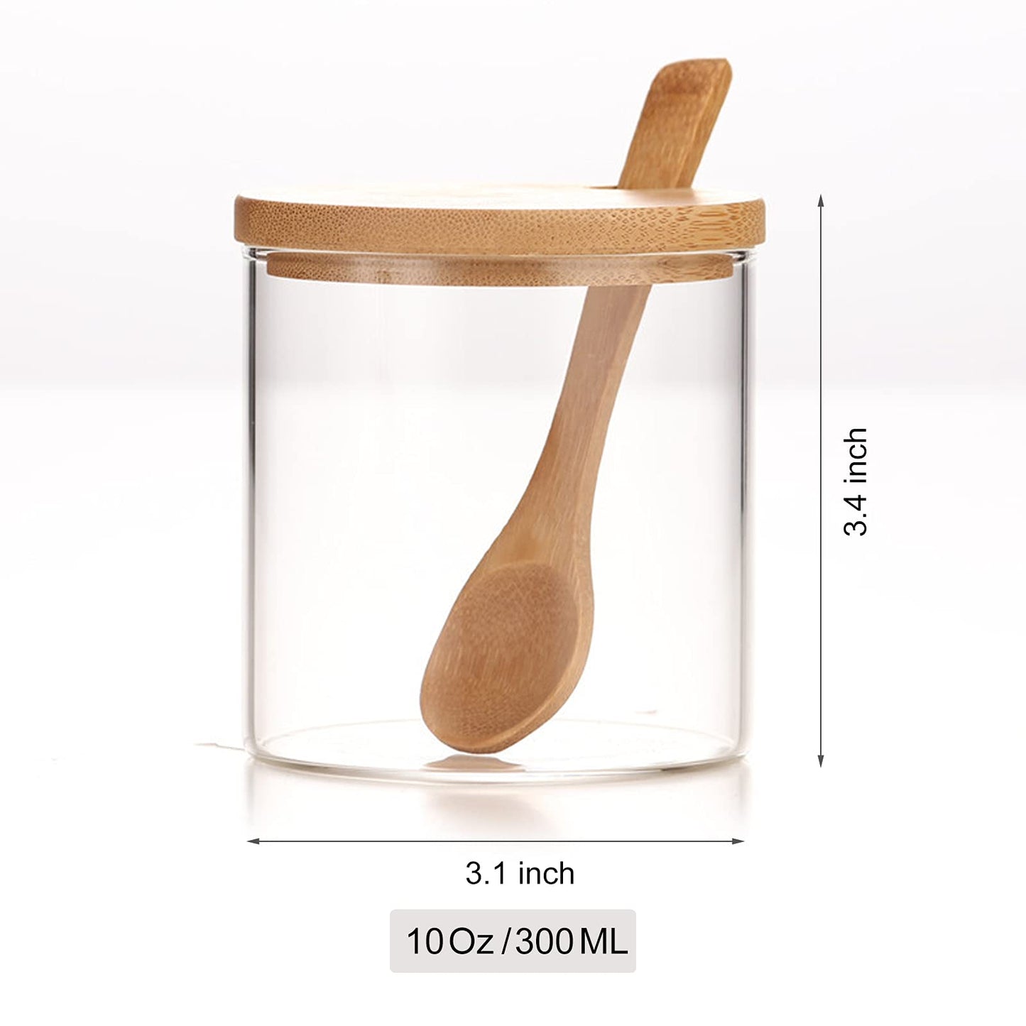 300ML/10Oz Clear Glass Jar with Bamboo Lid and Wooden Spoon, Cute Sugar Bowl Bath Salt Storage Canister Seasoning Container Condiment Pot with Scoop for Spice, Pepper for Kitchen, Table, Countertop