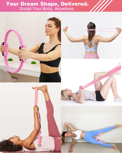 Pilates Ball and Ring Set for Women, At Home Pilates Kit with Thigh Master, 5 level Resistance Bands, Yoga Ball & Muscle Massage Ball, 18 Pcs Pilates Essential Kit for Toning Fitness Workout Equipment