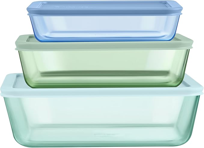 Pyrex Colors Tinted Glass Rectangle Food Storage Container Set, Snug Fit