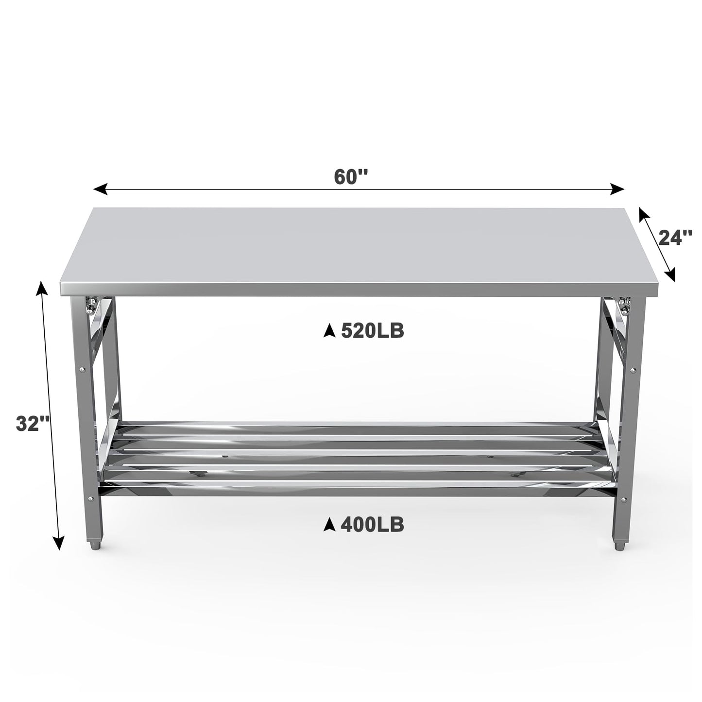 MegaChoice 60 x 24 Inch Stainless Steel Prep Table, Folding Stainless Steel Work Table with Adjustable Undershelf, Heavy Duty Metal Workstation for Commercial, Kitchen, Restaurant, Garage, Home