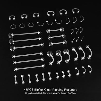MixPiercing 48Pcs Clear Piercing Retainers Jewellery Plastic Nose Tongue Nipple Belly Bars Eyebrow Lip Labret Stud Septum Hoops Cartilage Industrial Tragus Earring Retainer For Surgery Mri