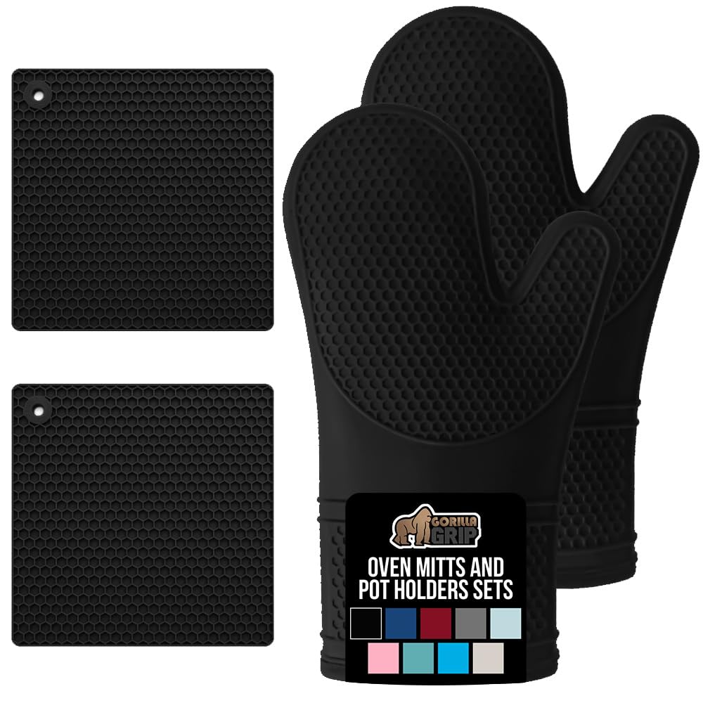 GORILLA GRIP BPA-Free Soft Silicone Oven Mitts and Pot Holders Sets, Heat Resistant Waterproof Cooking Gloves, Thick Cotton Lining, Flexible Gripping for Baking Grilling, Kitchen Trivets, Turquoise