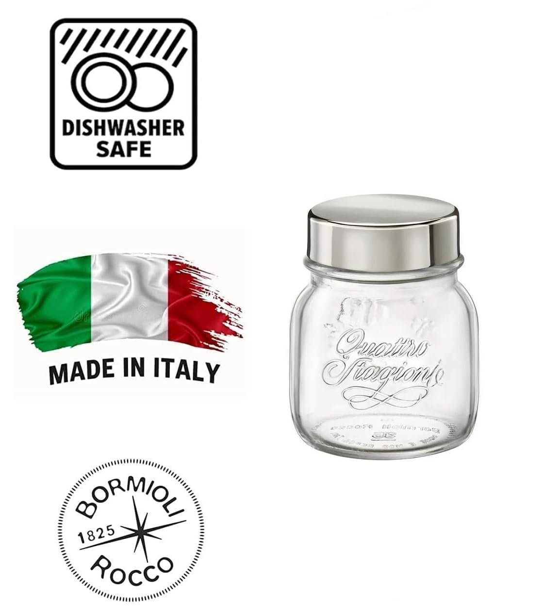 Bormioli Rocco 357760CBD021990 Quattro Stagioni Jar with Salt & Pepper Stainless Lid - Sleeve of 2, 5 oz, Clear