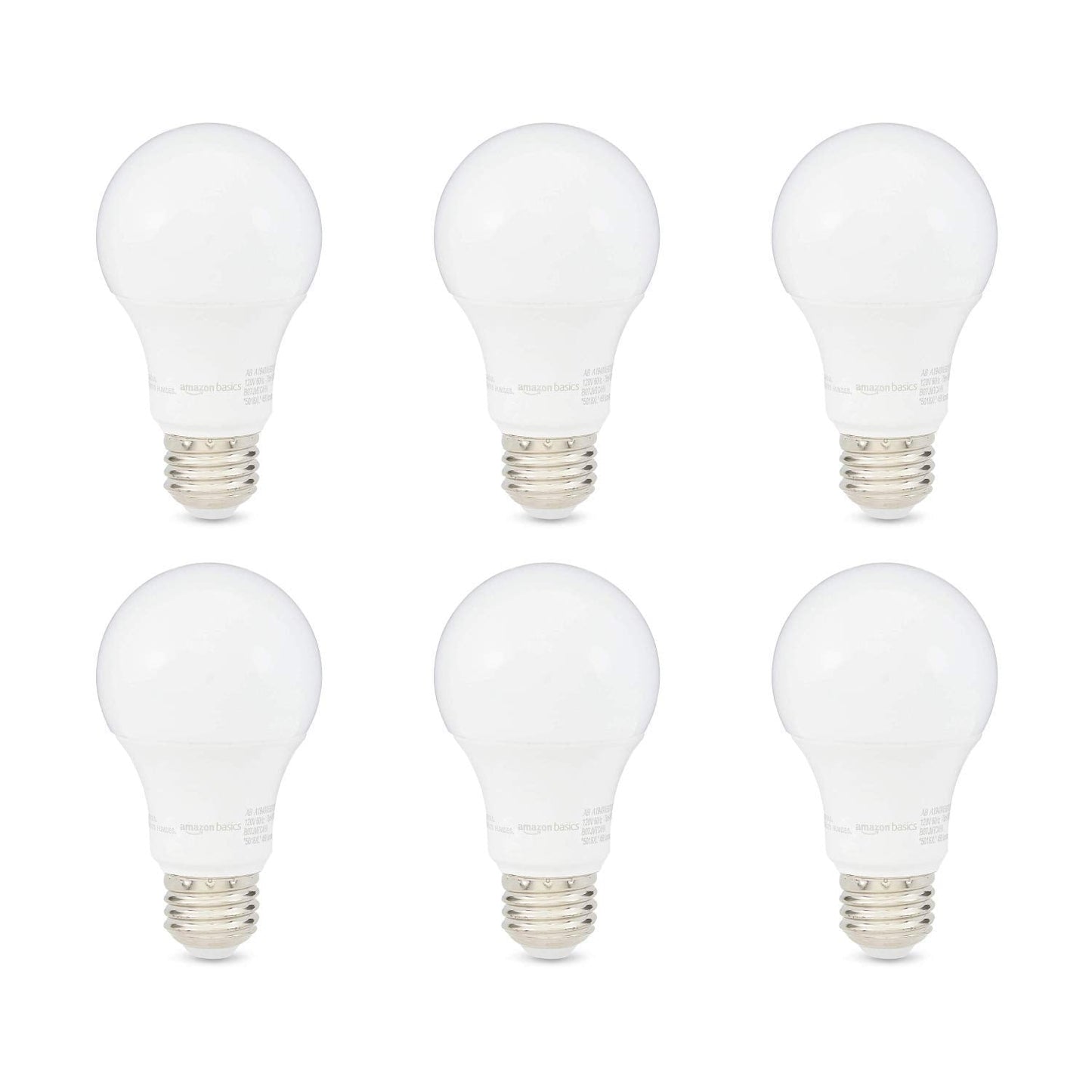 Amazon Basics A19 LED Light Bulbs, 60 Watt Equivalent, Energy Efficient 9W, E26 Standard Base, Soft White 2700K, Dimmable, 10,000 Hour Lifetime , 6-Pack