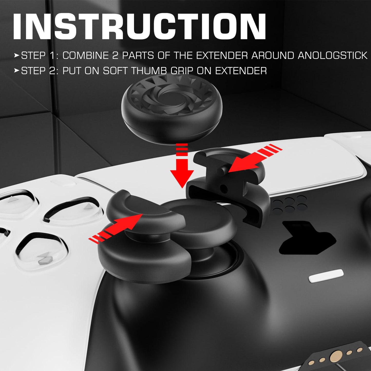 PlayRealm NO Falling Off Thumbstick Extender & Silicone Grip Cover 2 Sets for PS5 n PS4 Controller (Whirl Black)