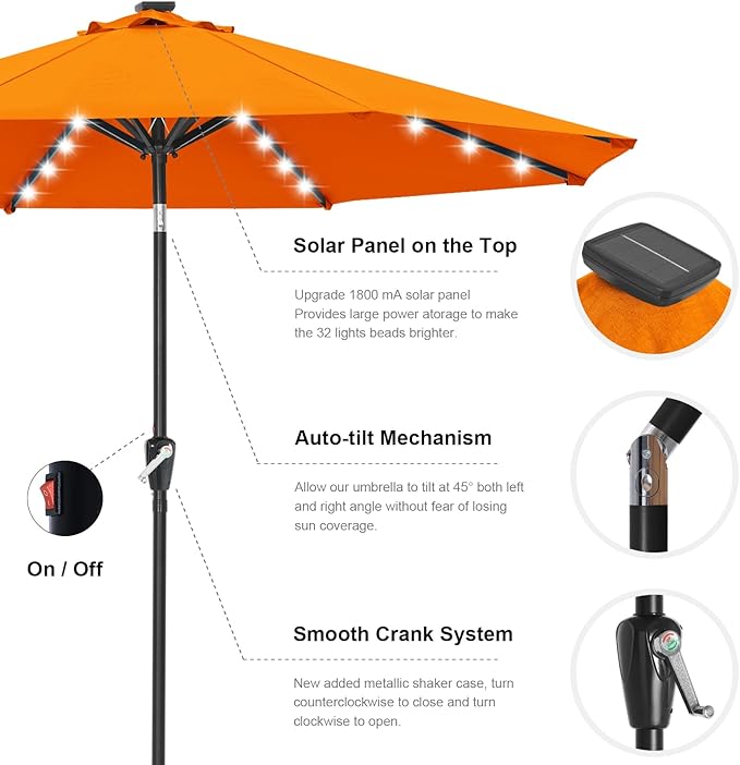 ABCCANOPY Durable Solar Led Patio Umbrellas with 32LED Lights 11FT (Orange)
