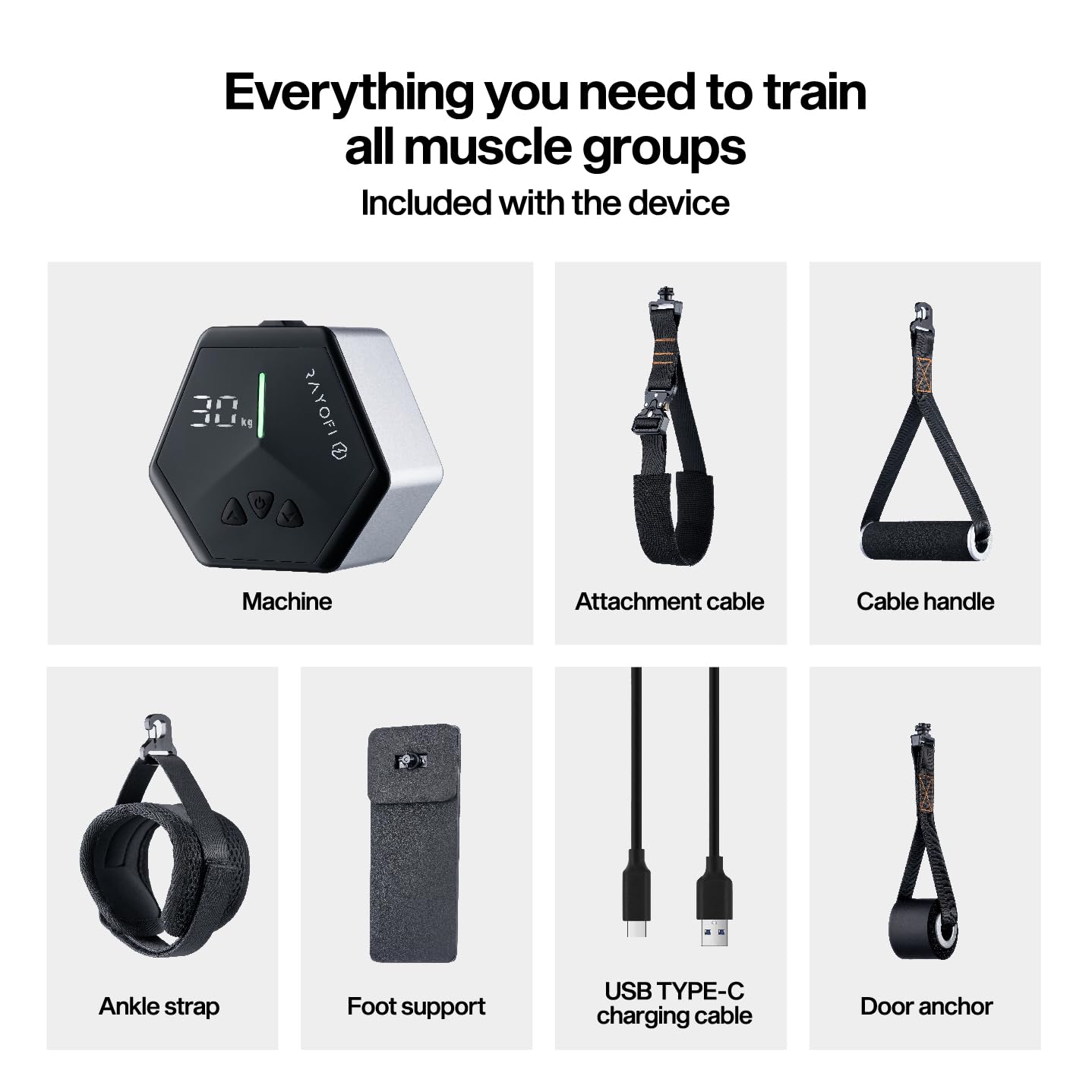 Rayofi GO-Tone Portable Cable Gym, 7-66LB Adjustable Resistance Band, App & Bluetooth Connection， Multifunctional Fitness Equipment, Suitable for Home & Travel (Silver)
